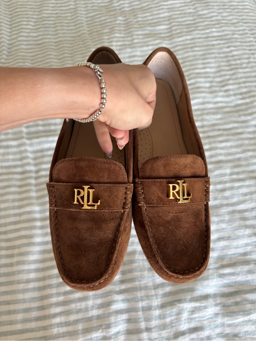 Ralph Lauren Brown Suede Loafers with Gold RLL Hardware